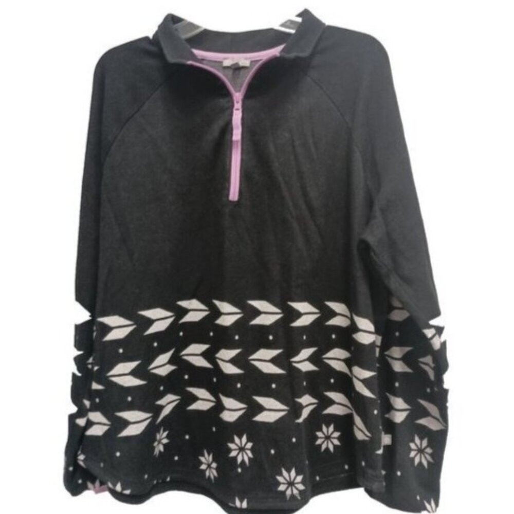 T By Talbots Nordic Sweater Womens XL Black White Snowflake 1/4 Zip Long Sleeve